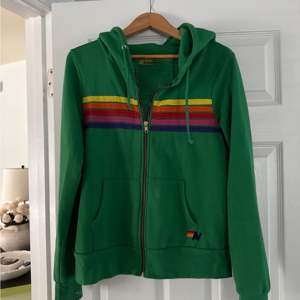 Aviator Nation Green Zip Hoodie with Rainbow Chest Stripes